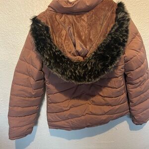YMI Women's Tan Puffer Jacket with Faux Fur Hood